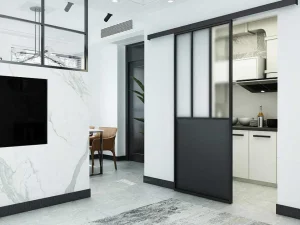 Discount Schuifdeur Werkplaatsstijl - Zwart En Mat Gehard Glas - H205 X B73 Cm - Artisto Schuifdeur