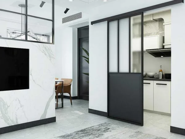 Discount Schuifdeur Werkplaatsstijl - Zwart En Mat Gehard Glas - H205 X B73 Cm - Artisto Schuifdeur