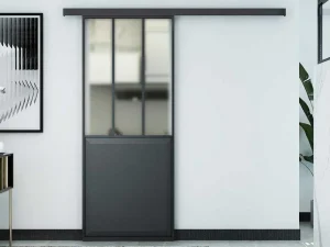 Discount Schuifdeur Werkplaatsstijl - Zwart En Mat Gehard Glas - H205 X B73 Cm - Artisto Schuifdeur
