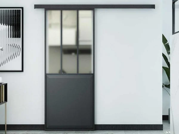 Discount Schuifdeur Werkplaatsstijl - Zwart En Mat Gehard Glas - H205 X B73 Cm - Artisto Schuifdeur