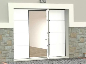 Discount Sectionale Garagedeur Met Glad Effect En Centrale Witte Loopdeur Met Motor - Lavega Garagedeur