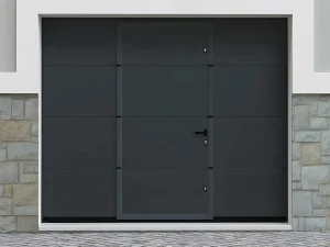 Discount Sectionale Garagedeur Met Glad Effect En Centrale Loopdeur In Antraciet Met Motor - Lavega Garagedeur
