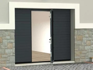 Store Sectionale Garagedeur Met Gegroefd Effect En Centrale Loopdeur - Antraciet - Met -Motor - Noria Garagedeur