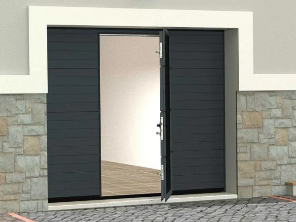 Store Sectionale Garagedeur Met Gegroefd Effect En Centrale Loopdeur - Antraciet - Met -Motor - Noria Garagedeur