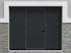 Store Sectionale Garagedeur Met Gegroefd Effect En Centrale Loopdeur - Antraciet - Met -Motor - Noria Garagedeur