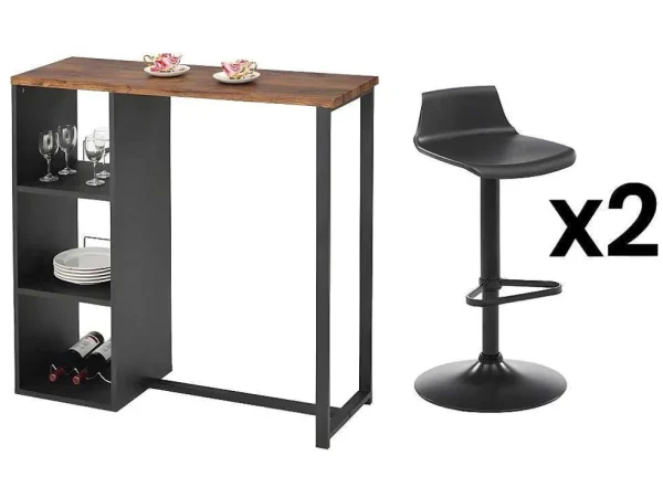 Fashion Set "Bar": Barmeubel Morena + 2 Barkrukken Calas - Zwart En Notenhout-Effect Barmeubel