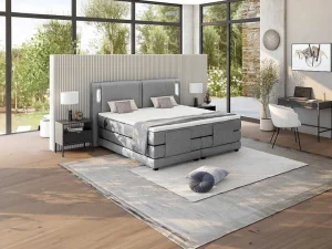 Discount Set Boxspring + Hoofdbord Met Ledlampjes + Elektrische Relaxbedbodems + Matras + Topmatras - 2 X 80 X 200 Cm - Grijze Stof - Astemi Van Elektrisch Relaxatiebed