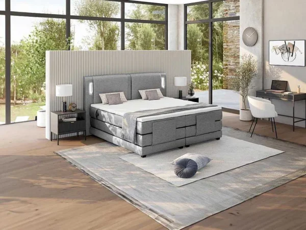 Discount Set Boxspring + Hoofdbord Met Ledlampjes + Elektrische Relaxbedbodems + Matras + Topmatras - 2 X 80 X 200 Cm - Grijze Stof - Astemi Van Elektrisch Relaxatiebed