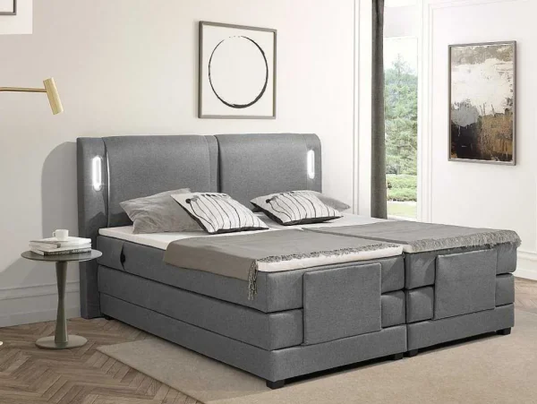 Discount Set Boxspring + Hoofdbord Met Ledlampjes + Elektrische Relaxbedbodems + Matras + Topmatras - 2 X 80 X 200 Cm - Grijze Stof - Astemi Van Elektrisch Relaxatiebed