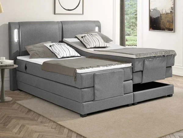 Discount Set Boxspring + Hoofdbord Met Ledlampjes + Elektrische Relaxbedbodems + Matras + Topmatras - 2 X 80 X 200 Cm - Grijze Stof - Astemi Van Elektrisch Relaxatiebed