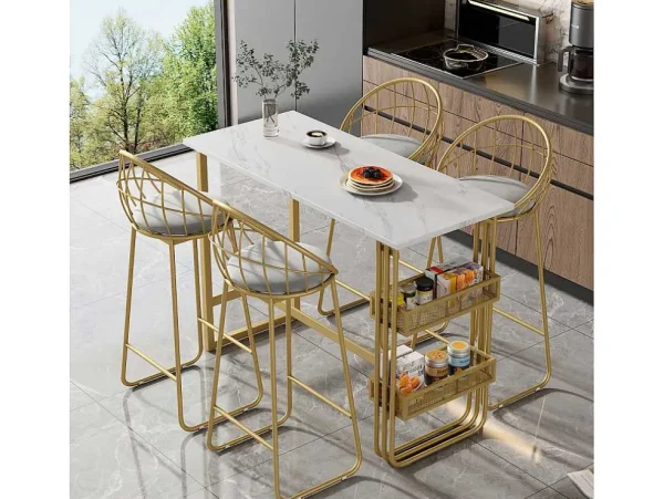 Best Sale Set "Eat Standing": Bartafel En 4 Krukken - Metalen Structuur - Goud Keukenmeubel