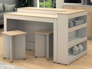 Sale Set Keukeneiland + 2 Krukken - Wit En Licht Naturel - Nusice Keukeneiland
