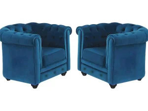 Store Set Van 2 Fauteuils Chesterfield - Fluweel - Eend Blauw Fauteuil Stof