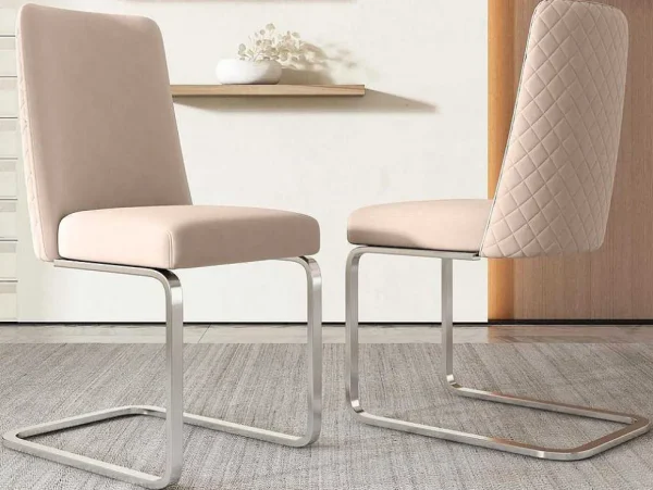 Sale Set Van 2 Fluwelen Sledestoelen - Rugleuning Ruitpatroon - Onderstel Zilverkleurig Metaal - Beige Stoel