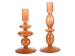 Discount Set Van 2 Kandelaars - H21 En 18,5 Cm - Glas - Oranje - Kandie Kandelaar En Kaars
