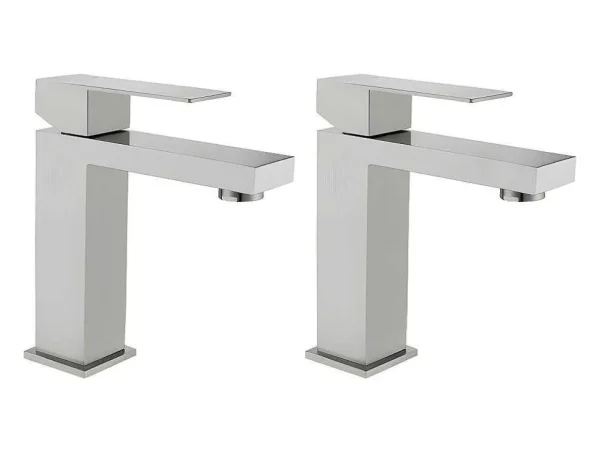 Outlet Set Van 2 Mechanische Mengkranen Met Vierkante Vorm Van Roestvrij Staal - Geborsteld Nikkelkleurig - H17,3 Cm - Canilas Kraan