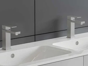 Outlet Set Van 2 Mechanische Mengkranen Met Vierkante Vorm Van Roestvrij Staal - Geborsteld Nikkelkleurig - H17,3 Cm - Canilas Kraan