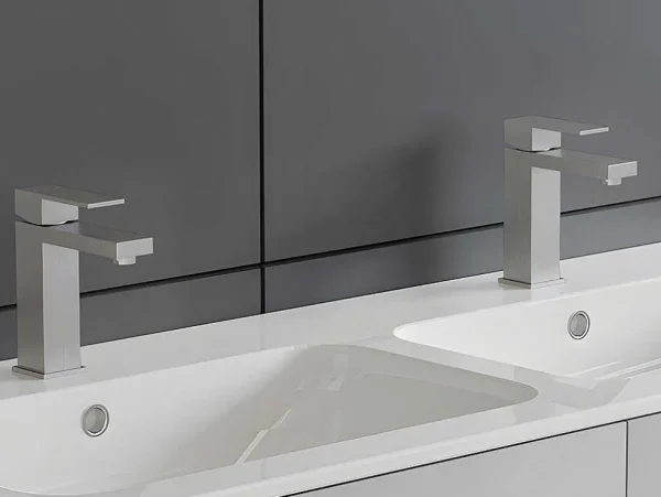 Outlet Set Van 2 Mechanische Mengkranen Met Vierkante Vorm Van Roestvrij Staal - Geborsteld Nikkelkleurig - H17,3 Cm - Canilas Kraan