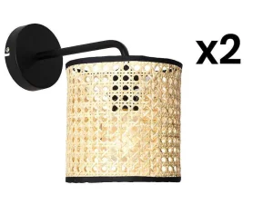 Shop Set Van 2 Rieten Wandlampen In Etnische Stijl Neirobi - Ijzer En Rotan - H. 25 Cm - Zwart En Naturel Wandlamp