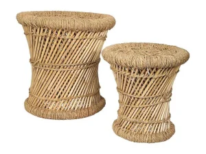 Clearance Set Van 2 Ronde Poefs Van Licht Naturelkleurig Rotan Mirtaka Poef