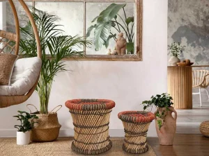 Flash Sale Set Van 2 Ronde Poefs Van Licht Naturelkleurig En Rood Rotan Mirtaka Poef