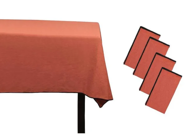 Cheap Set Van Tafellaken + 4 Servetten Van Linnen En Katoen - Zwarte Rand - Terracotta - 170 X 170 Cm - Borina Textiel Voor Eettafel