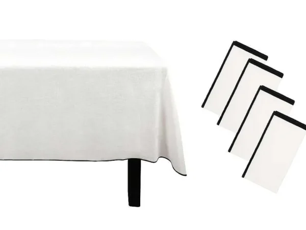 Online Set Van Tafellaken + 4 Servetten Van Linnen En Katoen - Zwarte Rand - Wit - 170 X 300 Cm - Borina Textiel Voor Eettafel