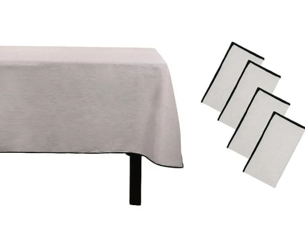 Clearance Set Van Tafellaken + 4 Servetten Van Linnen En Katoen - Zwarte Rand - Taupegrijs - 170 X 250 Cm - Borina Textiel Voor Eettafel