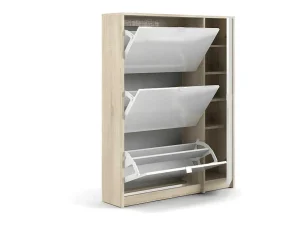 Hot Shane Schoenenkast 3 Klapdeuren 2R, 1 Deur Eikenstructuur Decor, Wit Hoogglans. Schoenenkast