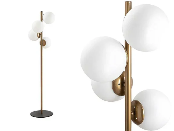 Online Staande Lamp Van Metaal En Glas 4 Bollen Faze - H130 Cm - Goud En Wit Staande Lamp