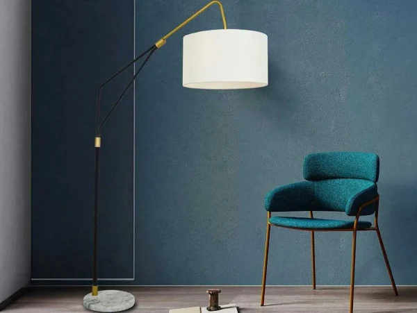 Best Staande Lamp Van Metaal, Linnen En Marmer - L122 X H180 Cm - Wit, Zwart En Goudkleurig - Masdar Staande Lamp