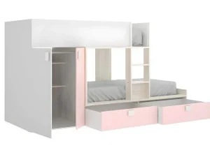 Discount Stapelbed Juanito Met Ingebouwde Kast En Opbergruimte - 2X90X190Cm - Wit, Eiken En Roze Kinderbed