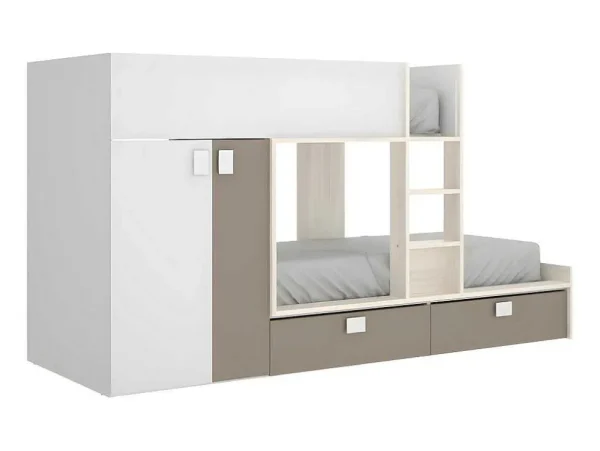 Outlet Stapelbed Juanito Met Ingebouwde Kast En Opbergruimte - 2X90X190Cm - Wit, Eiken En Taupe Kinderbed