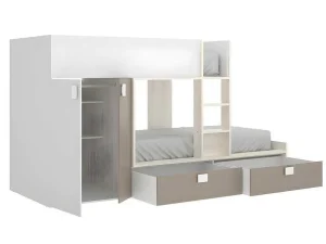 Outlet Stapelbed Juanito Met Ingebouwde Kast En Opbergruimte - 2X90X190Cm - Wit, Eiken En Taupe Kinderbed