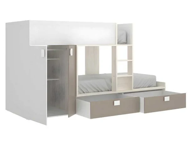 Outlet Stapelbed Juanito Met Ingebouwde Kast En Opbergruimte - 2X90X190Cm - Wit, Eiken En Taupe Kinderbed