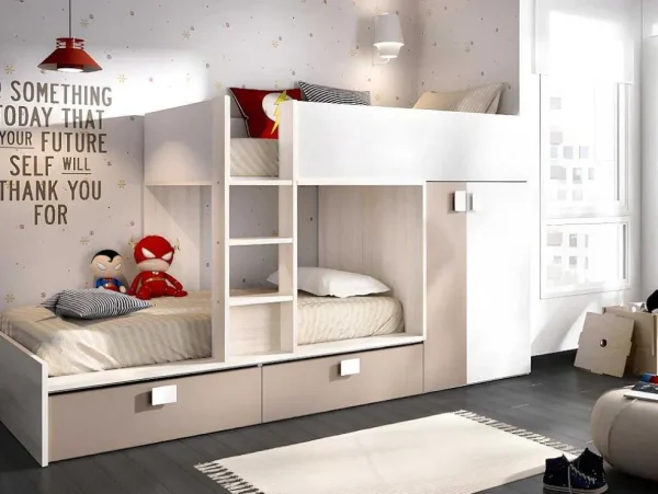 Outlet Stapelbed Juanito Met Ingebouwde Kast En Opbergruimte - 2X90X190Cm - Wit, Eiken En Taupe Kinderbed