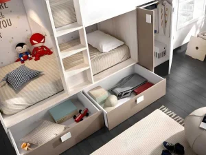 Outlet Stapelbed Juanito Met Ingebouwde Kast En Opbergruimte - 2X90X190Cm - Wit, Eiken En Taupe Kinderbed