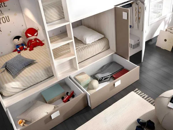 Outlet Stapelbed Juanito Met Ingebouwde Kast En Opbergruimte - 2X90X190Cm - Wit, Eiken En Taupe Kinderbed