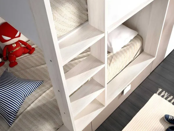 Outlet Stapelbed Juanito Met Ingebouwde Kast En Opbergruimte - 2X90X190Cm - Wit, Eiken En Taupe Kinderbed