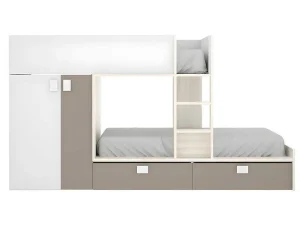 Outlet Stapelbed Juanito Met Ingebouwde Kast En Opbergruimte - 2X90X190Cm - Wit, Eiken En Taupe Kinderbed