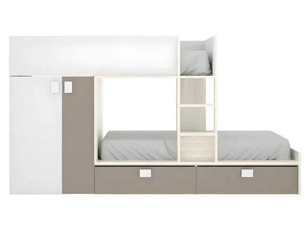 Outlet Stapelbed Met Ingebouwde Kast En Opbergruimte 2X90X190Cm - Wit, Eiken En Taupe + Matras - Juanito Kinderbed Stapelbed