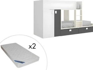 Clearance Stapelbed Met Ingebouwde Kast 2 X 90 X 190 Cm - Wit, Eiken En Antraciet + Matras - Juanito Kinderbed Stapelbed