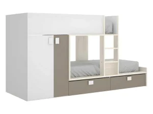 Outlet Stapelbed Met Ingebouwde Kast En Opbergruimte 2X90X190Cm - Wit, Eiken En Taupe + Matras - Juanito Kinderbed Stapelbed