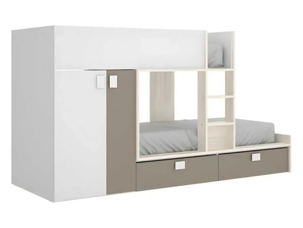 Outlet Stapelbed Met Ingebouwde Kast En Opbergruimte 2X90X190Cm - Wit, Eiken En Taupe + Matras - Juanito Kinderbed Stapelbed