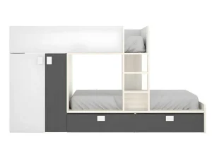 Clearance Stapelbed Met Ingebouwde Kast 2 X 90 X 190 Cm - Wit, Eiken En Antraciet + Matras - Juanito Kinderbed Stapelbed