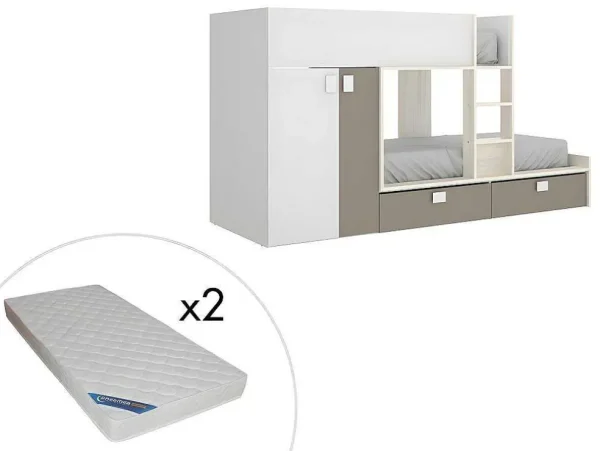 Outlet Stapelbed Met Ingebouwde Kast En Opbergruimte 2X90X190Cm - Wit, Eiken En Taupe + Matras - Juanito Kinderbed Stapelbed