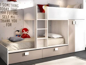 Outlet Stapelbed Met Ingebouwde Kast En Opbergruimte 2X90X190Cm - Wit, Eiken En Taupe + Matras - Juanito Kinderbed Stapelbed