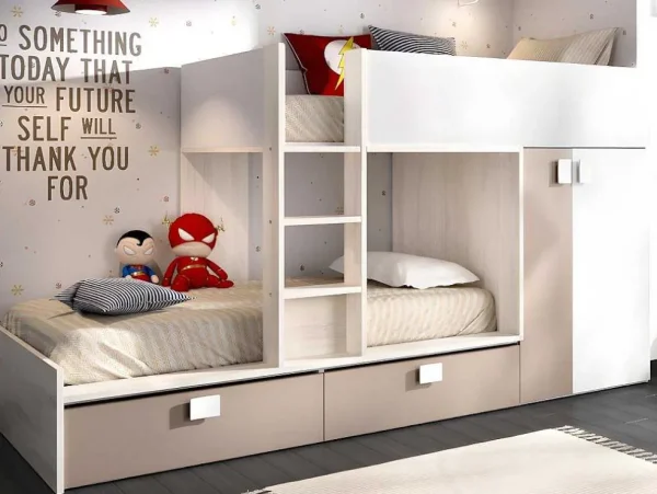 Outlet Stapelbed Met Ingebouwde Kast En Opbergruimte 2X90X190Cm - Wit, Eiken En Taupe + Matras - Juanito Kinderbed Stapelbed