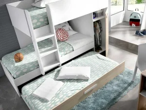 Clearance Stapelbed Met Onderschuifbed En Opbergruimte 3X90X190Cm - Wit En Naturel - Anthony Kinderbed