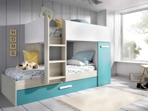 Clearance Stapelbed Met Slaaplade En Opbergruimtes 3 X 90 X 190 Cm - Wit, Naturel En Blauw - Anthony Aanbiedingen: Slaapkamer & Kantoor